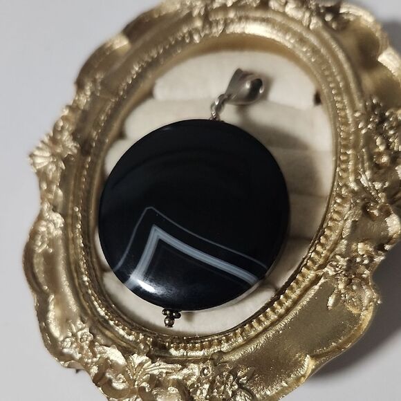 Black And White Agate Pendant On Sterling Silver 925 Bail - Picture 1 of 4